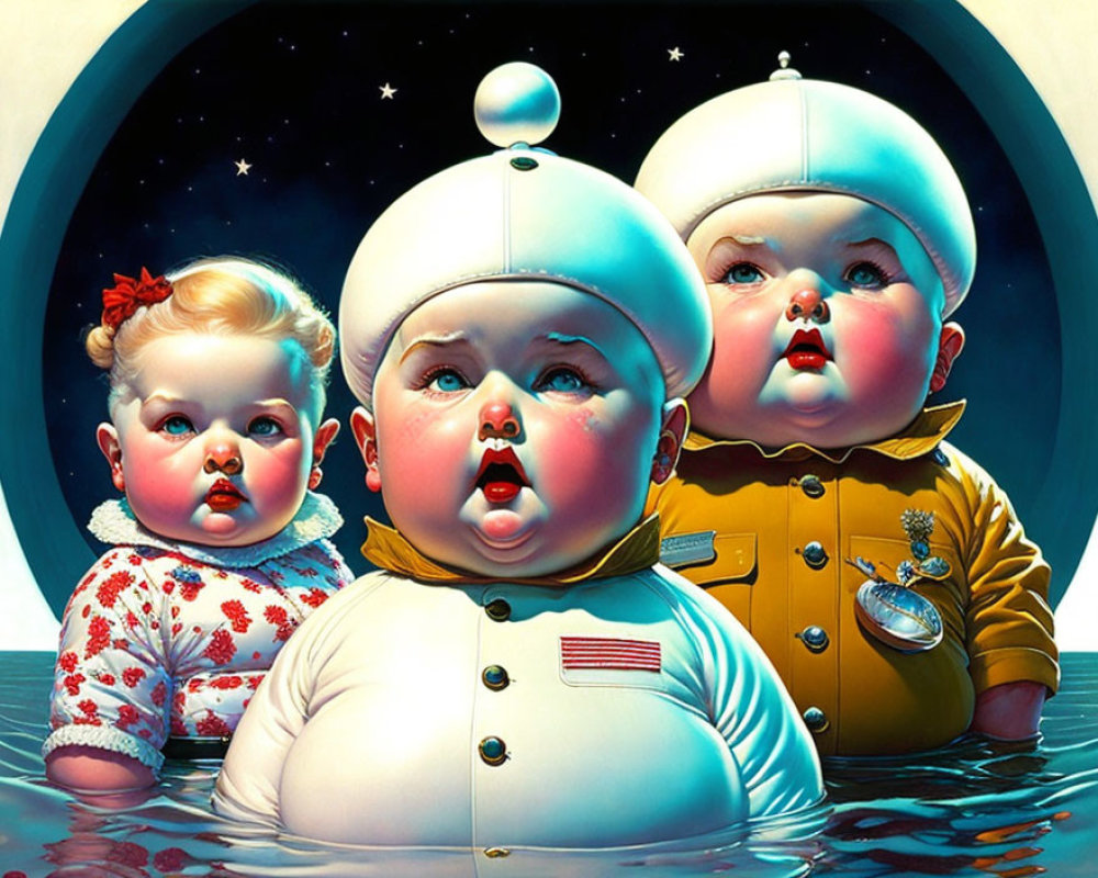 Stylized chubby baby astronauts in vintage space helmets on starry space backdrop