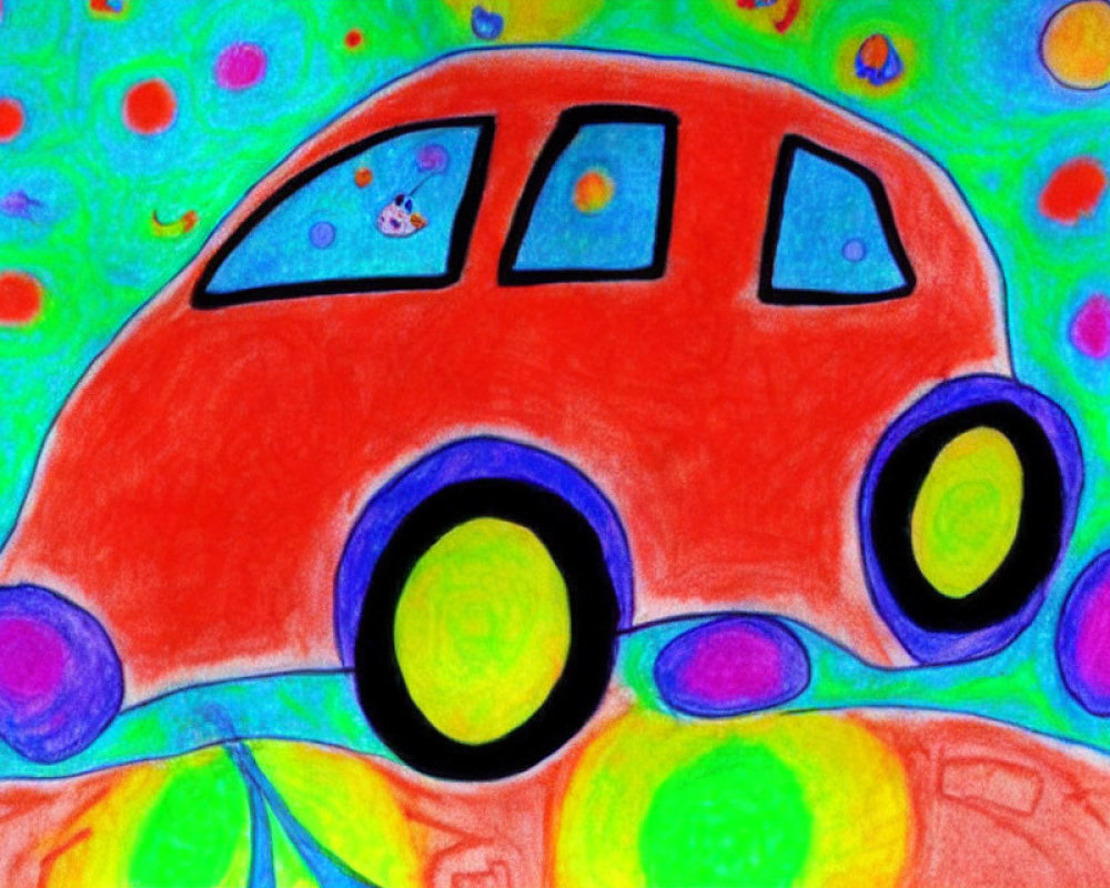 Child's Drawing: Red Car with Large Wheels on Colorful Background