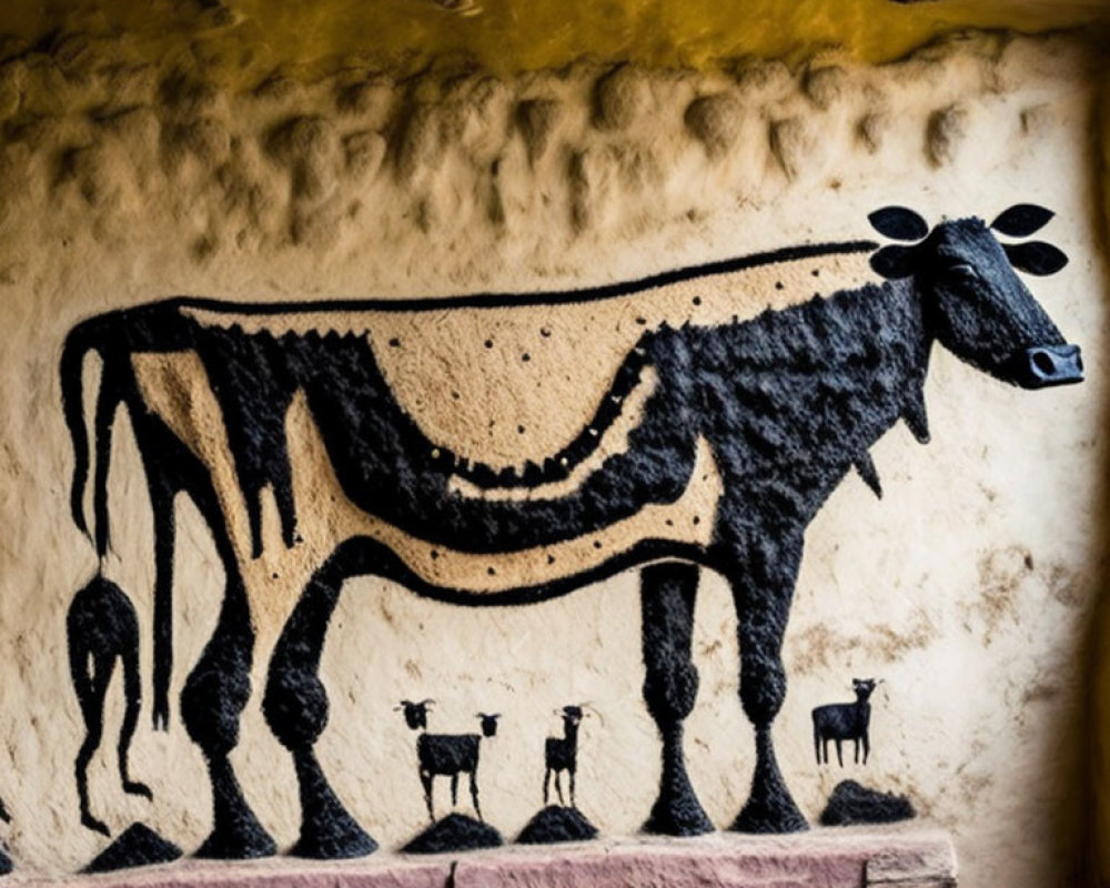 Stylized black and white cow mural with smaller cows on textured wall