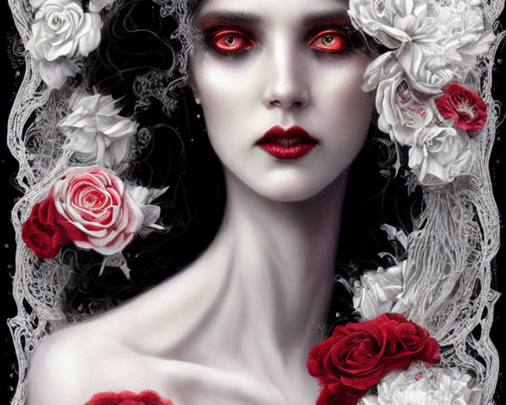 Woman with red eyes and lips surrounded by roses in gothic aesthetic