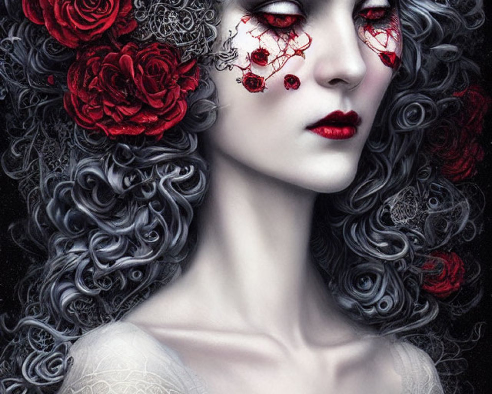 Gothic portrait of woman with pale skin, red and silver curls, red eyes, and dark