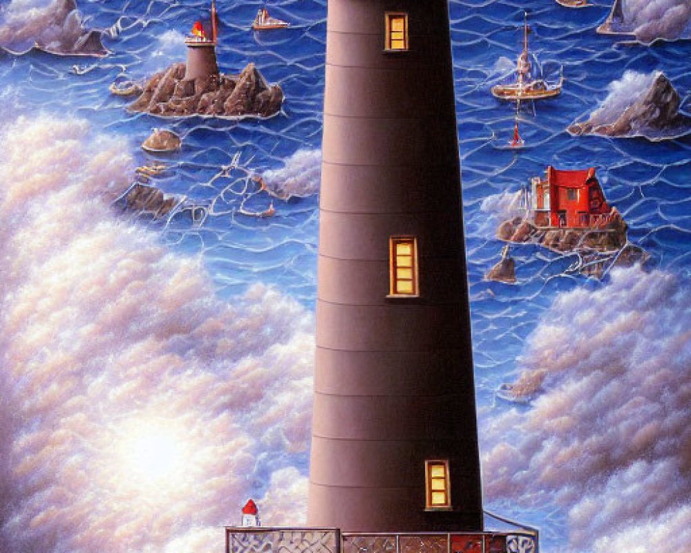 Surrealist lighthouse scene with boats in air and water