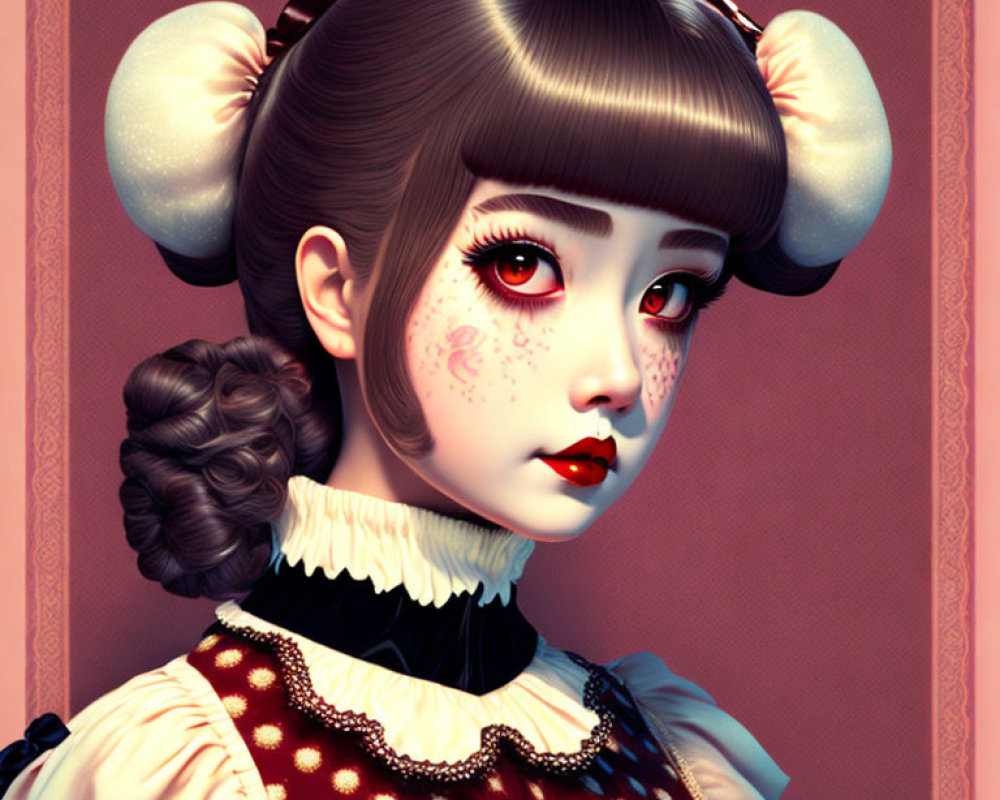 Stylized digital portrait of girl with red eyes and unique buns hairstyle wearing vintage polka dot