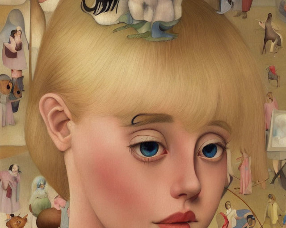 Surreal painting of blonde girl with blue eyes and cat on head