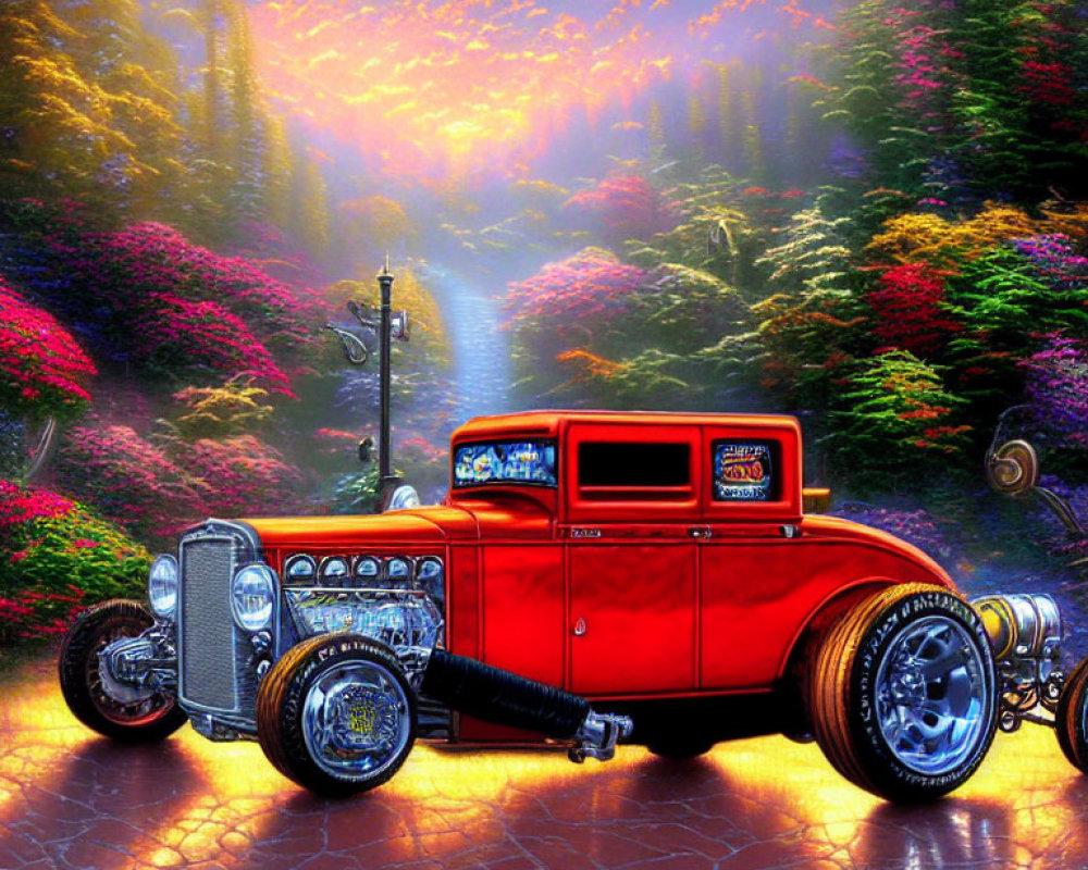 Vintage Red Hot Rod Parked Among Vibrant Flowers on Cobblestone Path