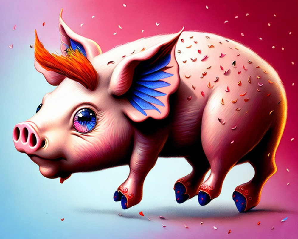 Colorful whimsical pig with wings on pink and blue background