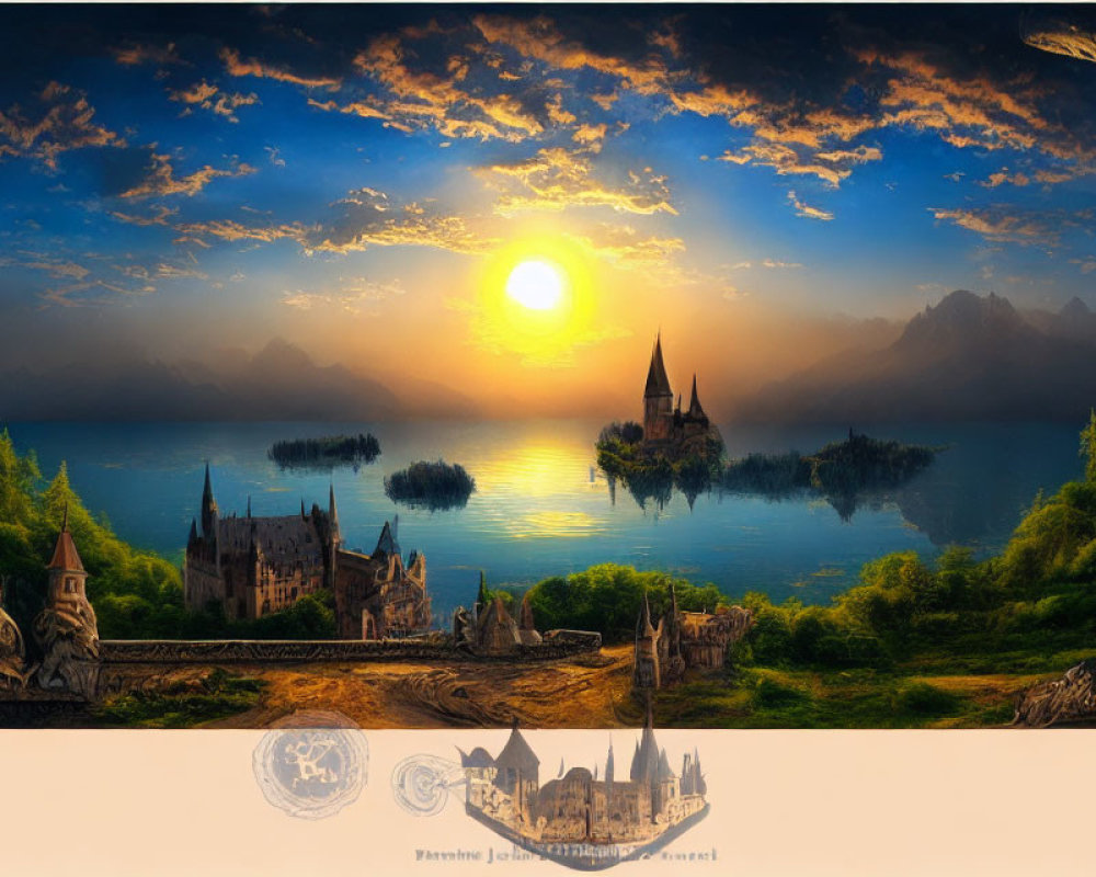 Fantasy Artwork: Serene Sunset over Mystical Lake with Castle Islands