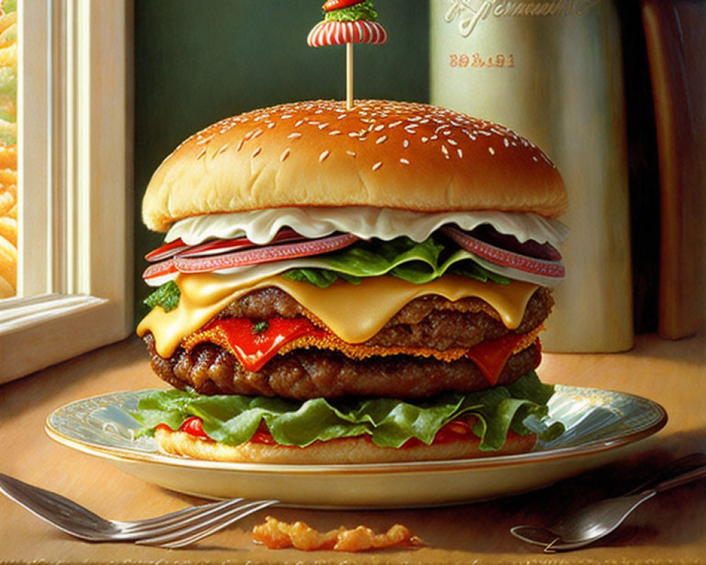 Realistic painting of double cheeseburger with lettuce, tomato, and olive on toothpick beside metal pitcher