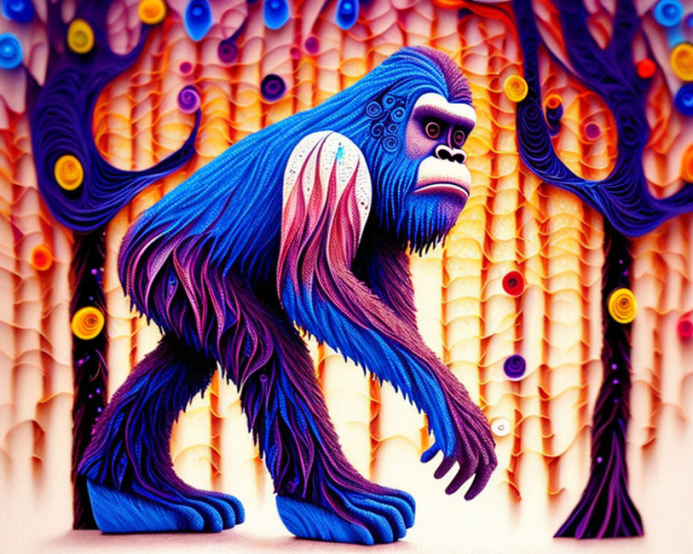 Colorful Digital Artwork: Blue Gorilla with Intricate Patterns on Surreal Background