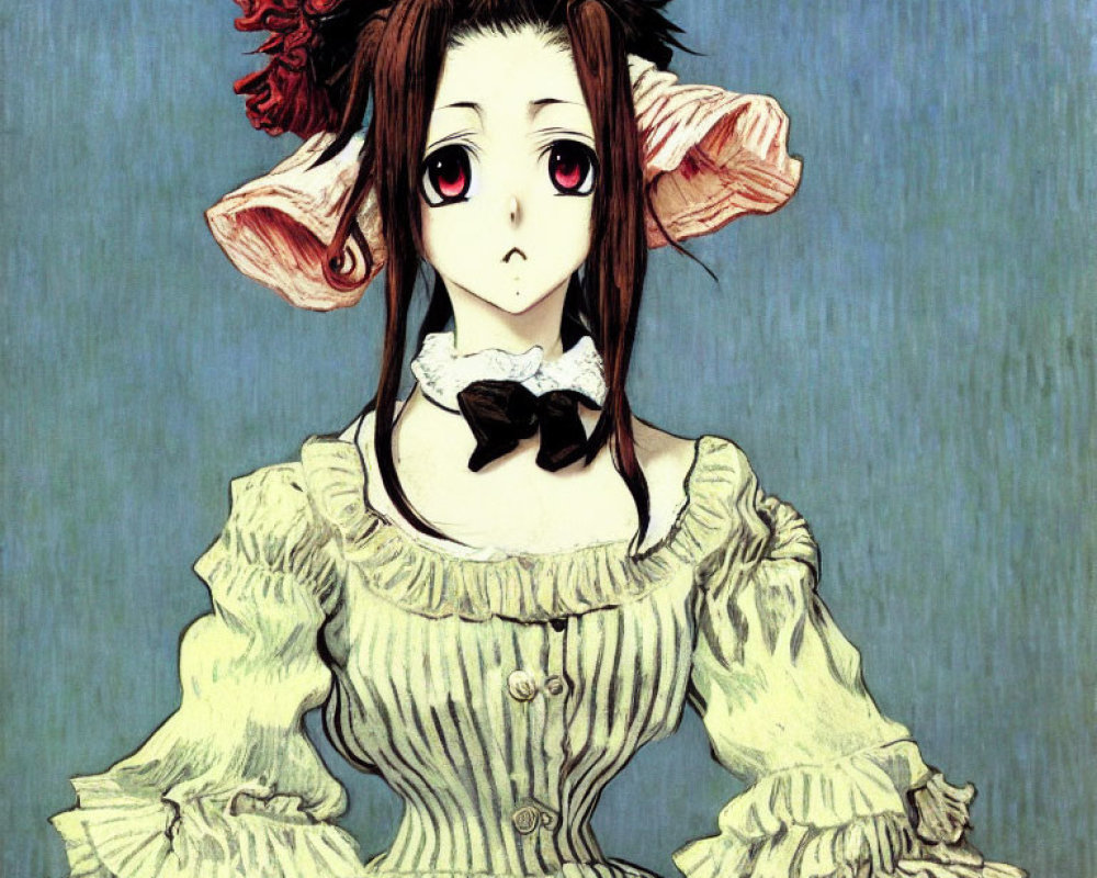 Anime-style female character with red eyes in Victorian dress