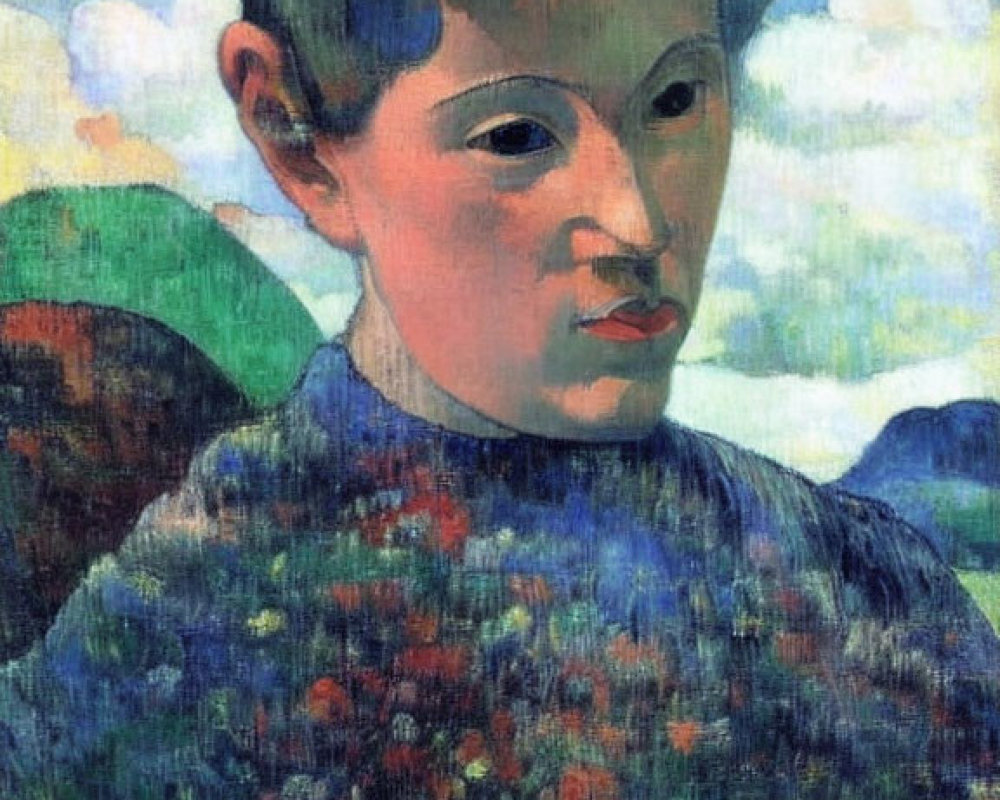 Portrait of young person in blue headscarf and patterned clothing against green hills and cloudy sky