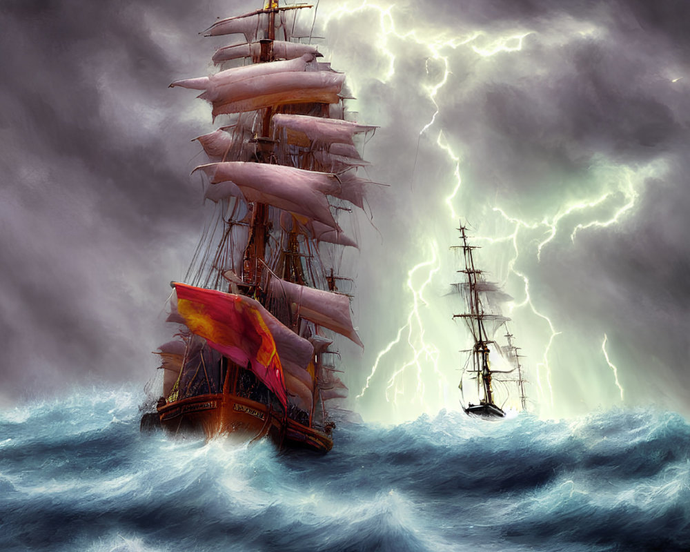 Tall ships sailing through stormy seas with dramatic lightning bolts