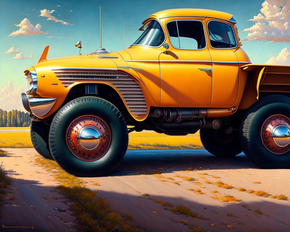 Vibrant painting of oversized yellow truck in serene landscape