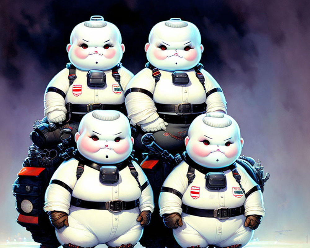 Four Serious Chubby Astronaut Characters in White Space Suits