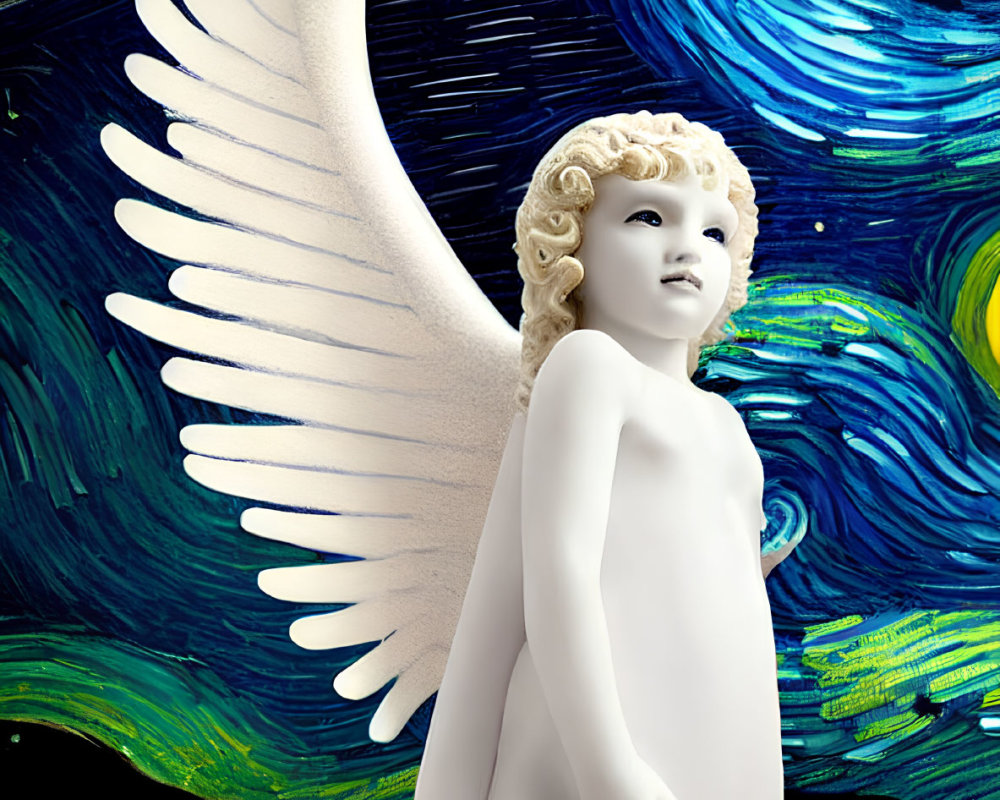 Angel statue with extended wing against swirling blue and gold backdrop inspired by Starry Night