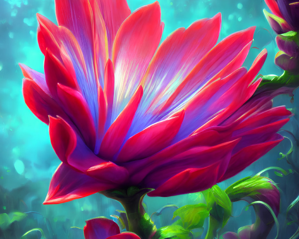 Colorful digital artwork: Large red and pink flower on teal background