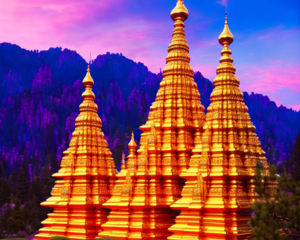 Vibrant pink and blue sky with golden pagodas and lush green trees