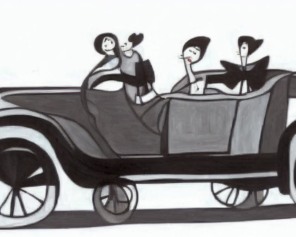 Four cartoon characters in vintage car, black and white sketch style