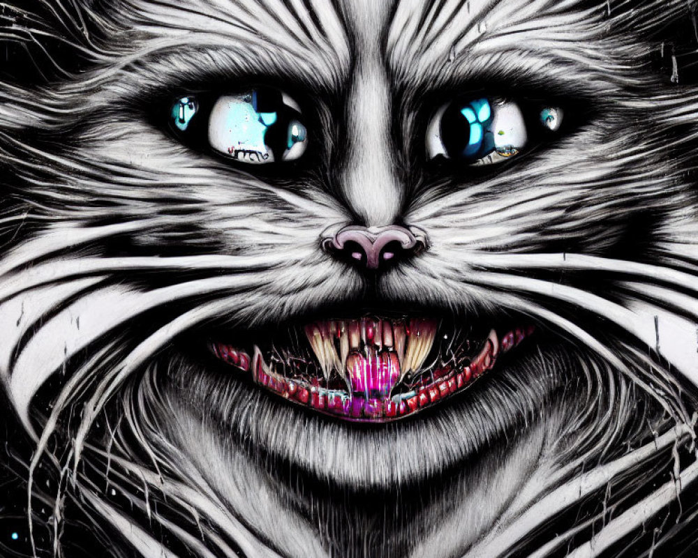 Graphic Illustration of Exaggerated Cat Face with Intense Blue Eyes