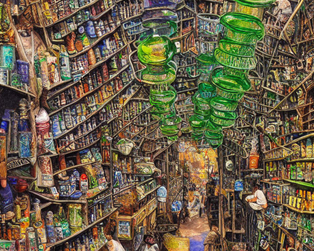 Detailed illustration of a bustling bookstore alley with rows of books, green lamps, and people browsing.