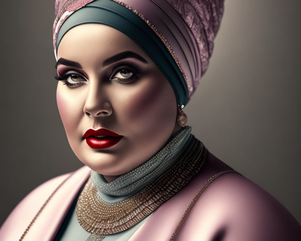 Illustration of woman in pink turban, dramatic makeup, elegant jewelry on grey background