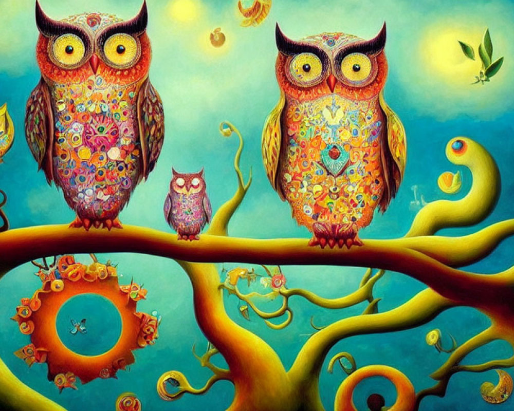 Whimsical owl painting with vibrant colors and intricate patterns