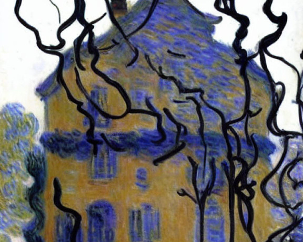 Impressionist painting of yellow house with dark branches and blue-green foliage