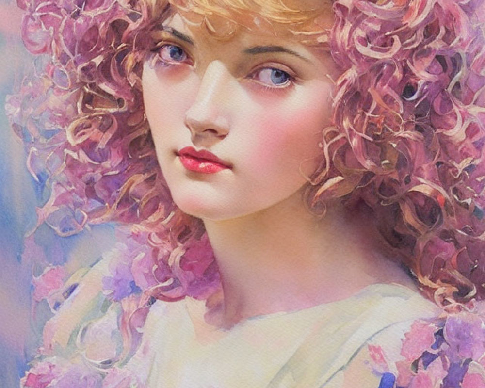 Portrait of a young woman with curly pink hair and flowers, exuding a romantic aura