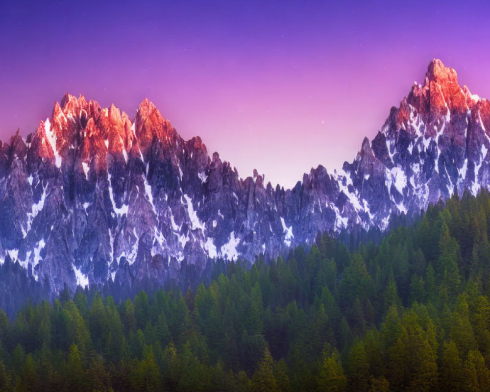 Majestic snow-capped mountains and twilight forest scene