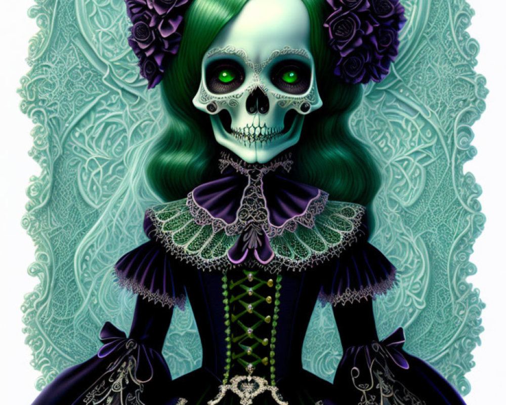 Skull-faced figure in Victorian dress with purple accents and lace on ornate green background