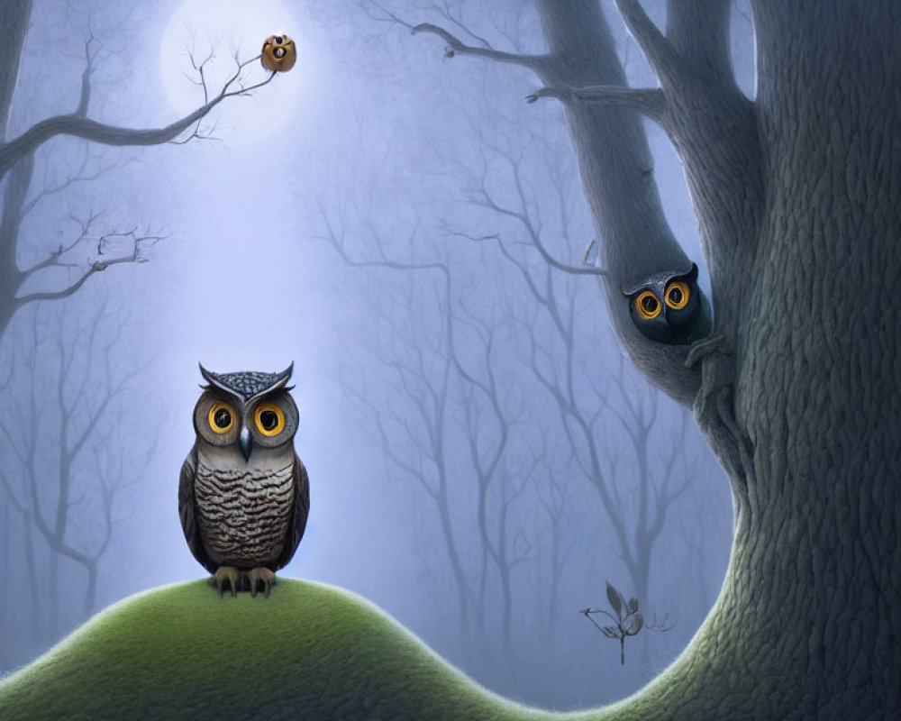 Night scene with owls, moonlit sky, butterfly, and bird illustration.