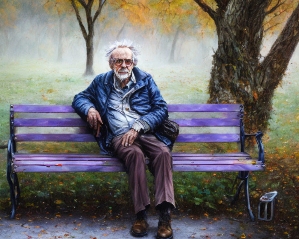 Elderly man with white hair and beard on purple bench in autumn park