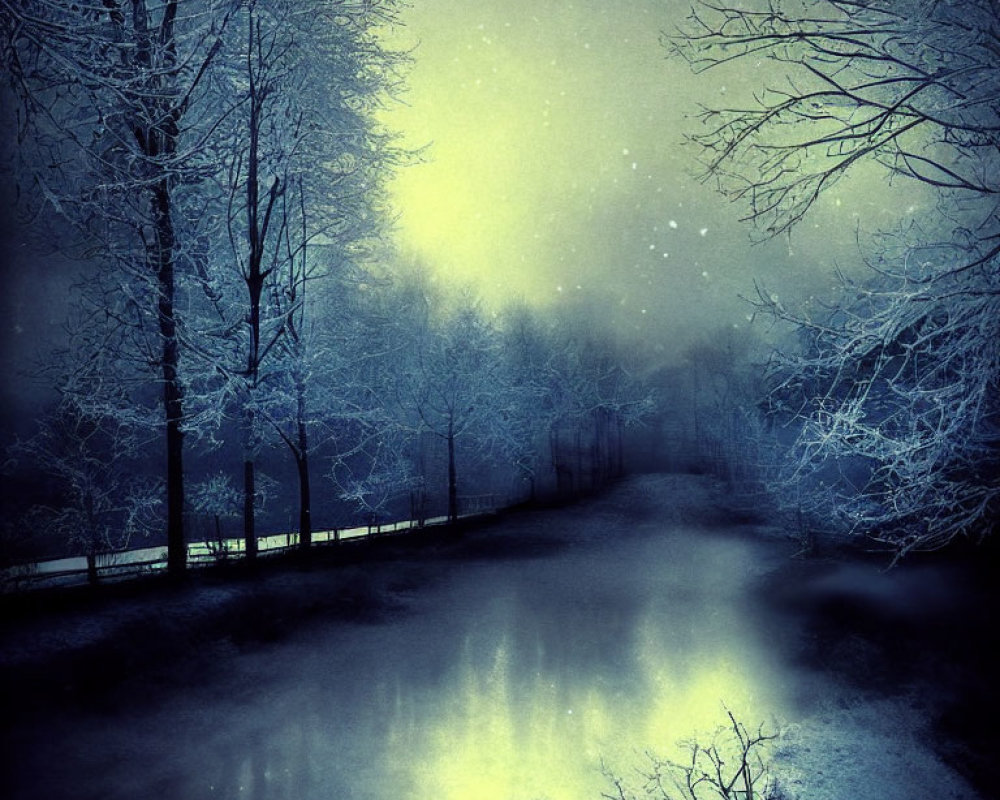 Snow-covered trees, frozen river, glowing light: Mystical winter night scene