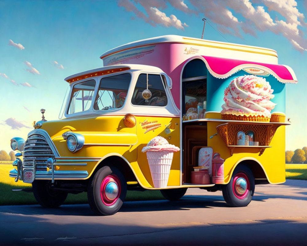 Vintage Ice Cream Truck with Open Service Window and Colorful Ice Cream Images Under Blue Sky