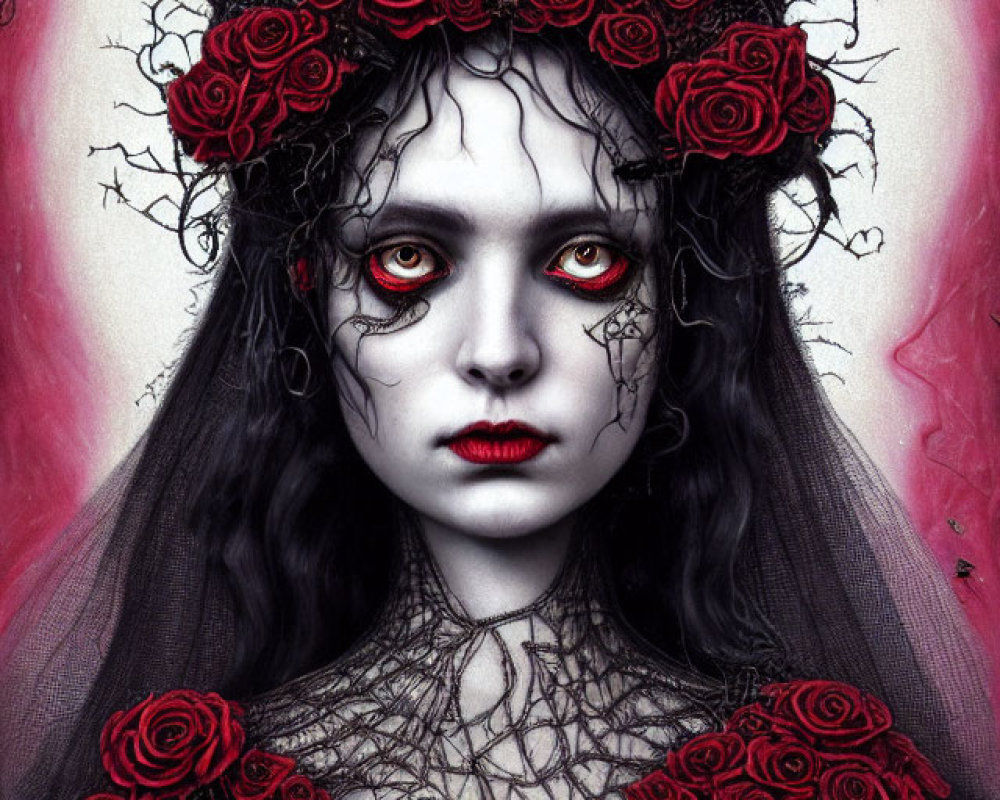 Gothic portrait featuring figure with pale skin, black eyes, red roses, and darkened lips