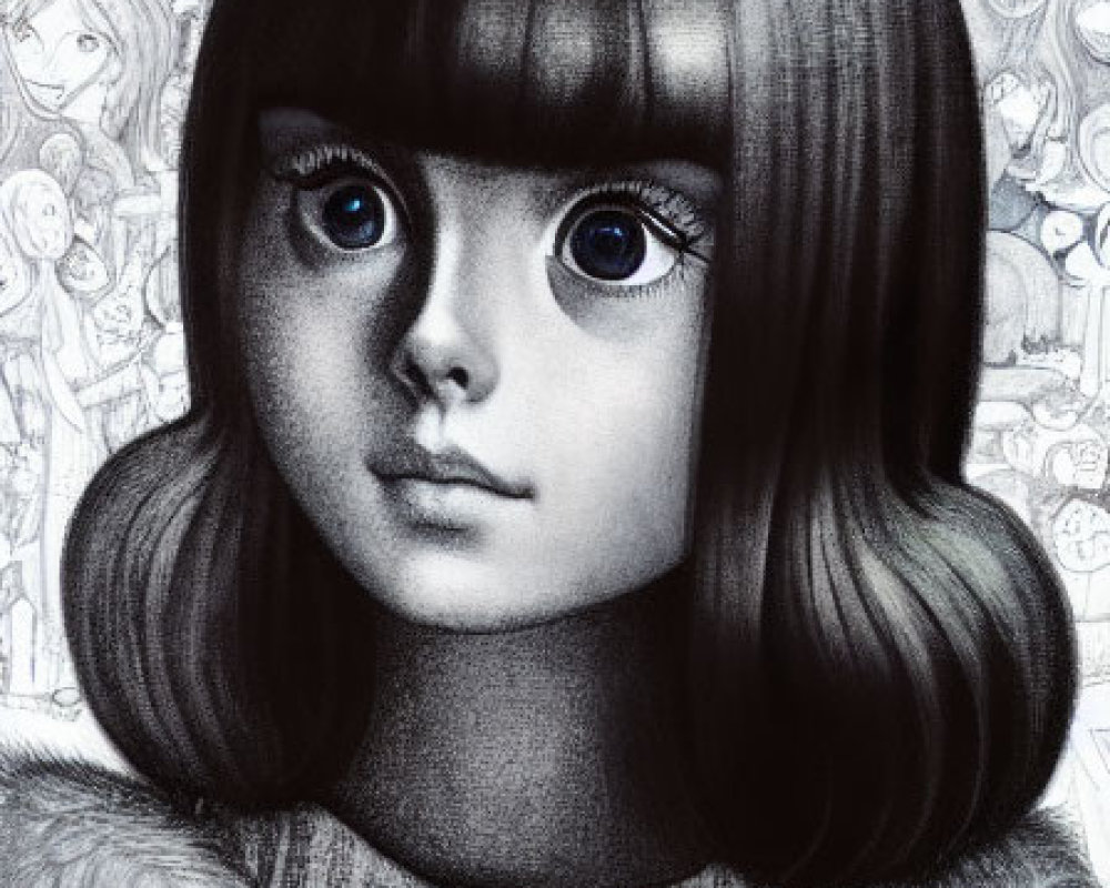 Detailed pencil drawing of a girl with large eyes and bob haircut in a sweater against intricate backdrop.