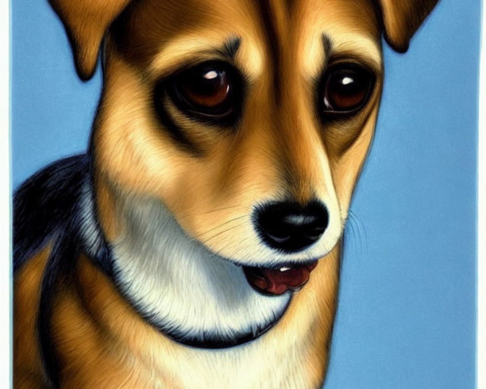 Brown and White Dog Illustration with Expressive Eyes on Blue Background