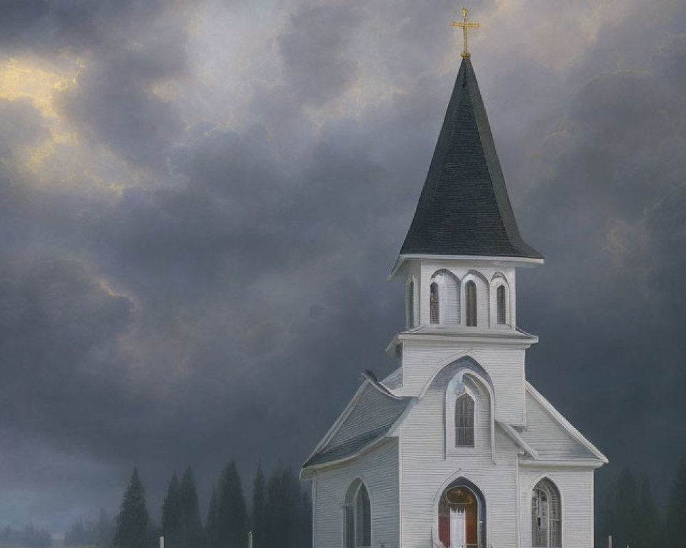 White church with steeple under dramatic sky in green meadow