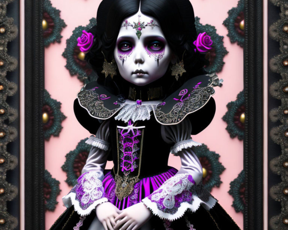 Gothic-style doll in Victorian dress with purple accents and dark makeup, ornate frames and purple