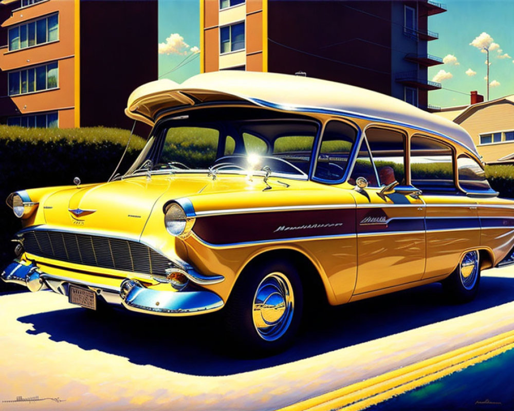 Vintage Yellow & White Chevrolet Nomad Station Wagon on Sunny Street