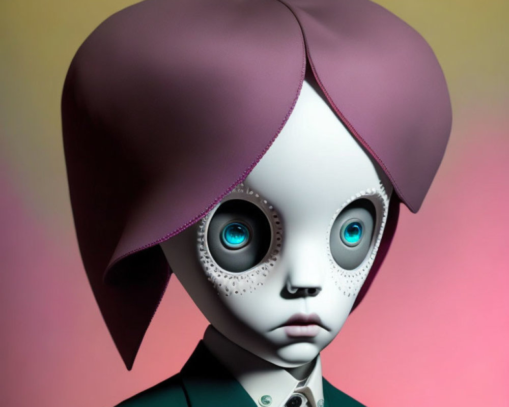 3D-rendered doll-like figure with blue eyes and heart headpiece