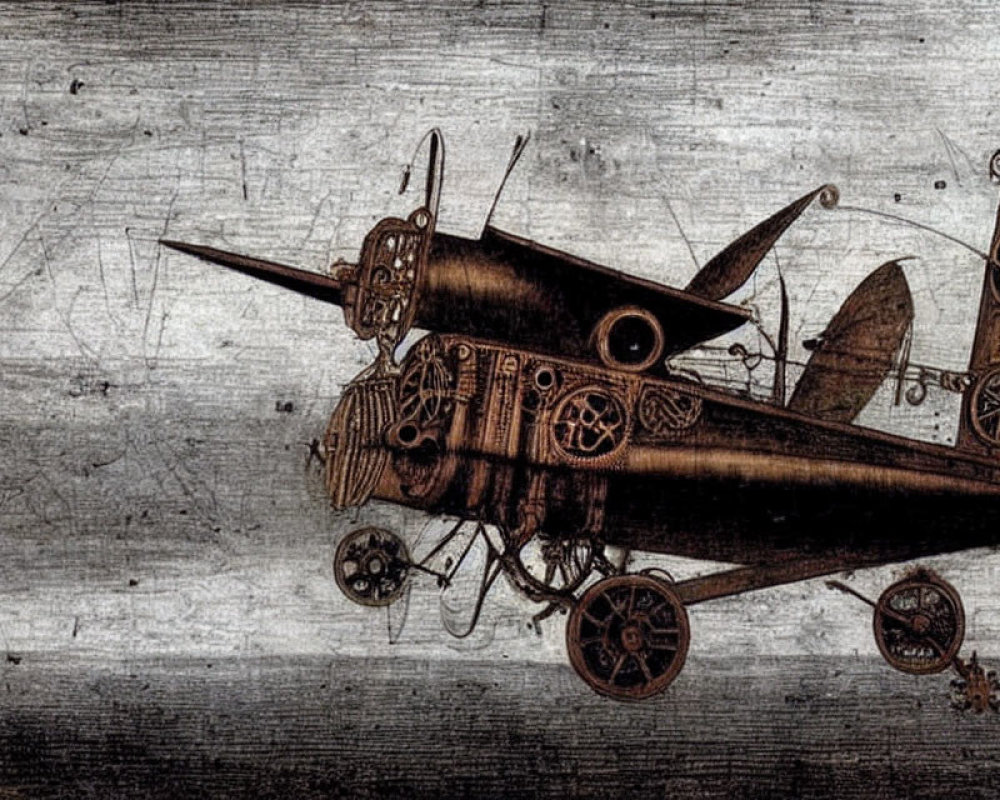 Steampunk Retro-Futuristic Airplane Artwork on Dark Textured Background