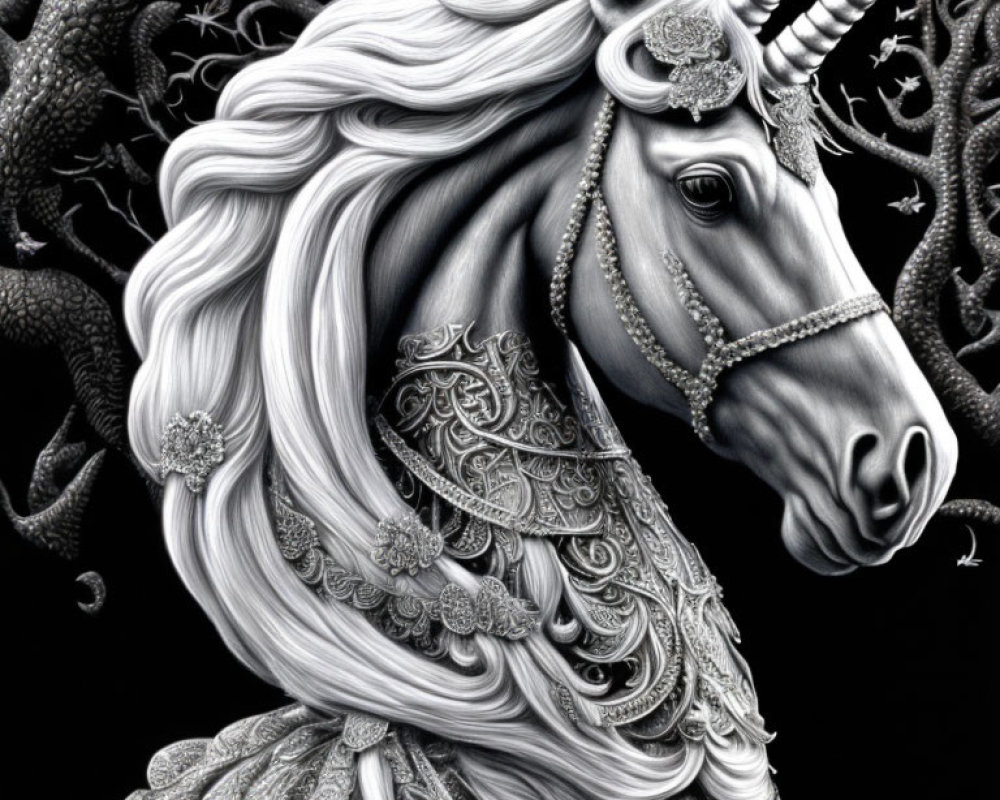 Detailed Monochromatic Unicorn Drawing with Ornate Mane on Dark Background