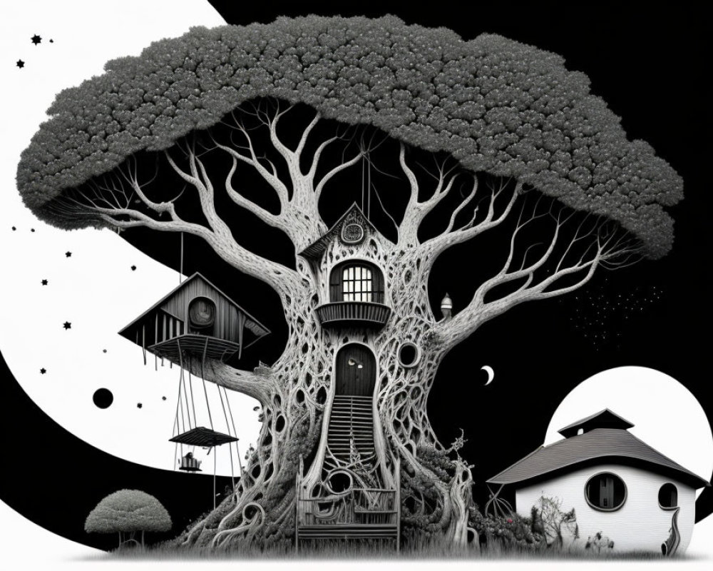 Detailed black and white illustration of a tree with house, stars, and moon