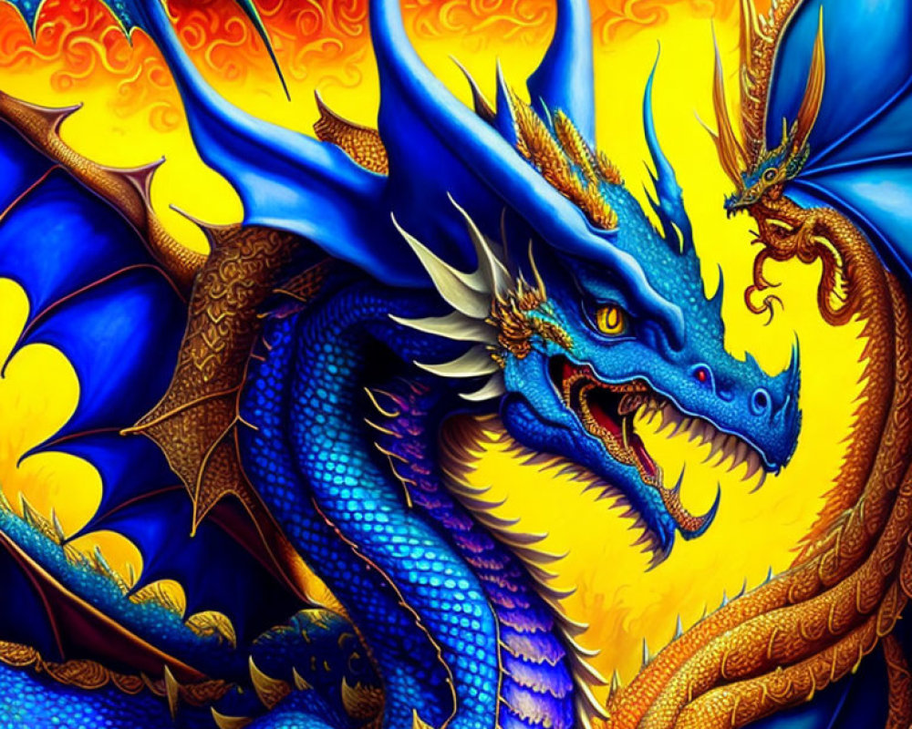 Detailed Blue and Gold Dragon Illustration with Intricate Scales