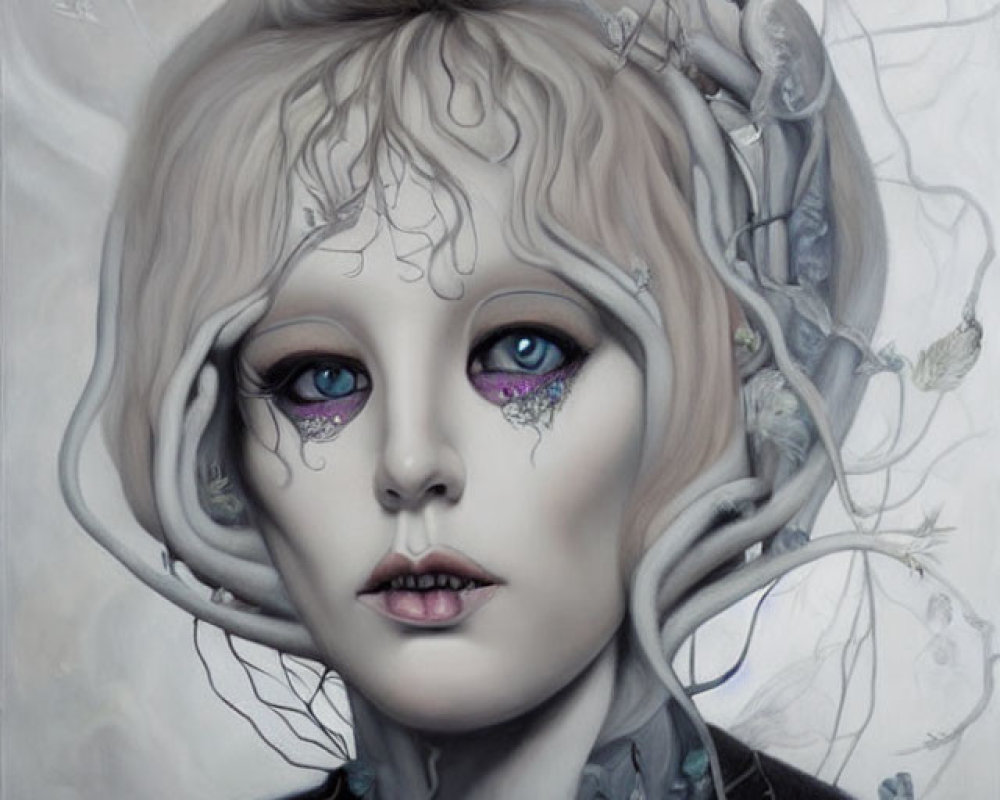 Surreal portrait painting with pale skin, blue eyes, grey branches in white hair.