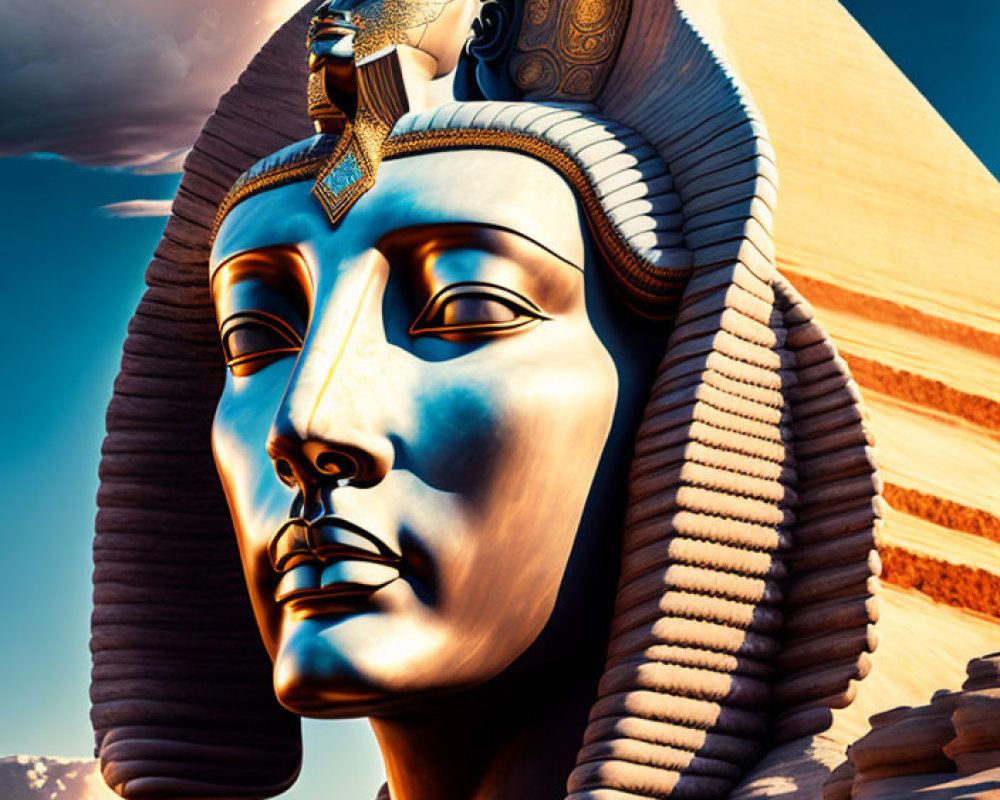 Digital art of ancient Egyptian pharaoh's head with detailed headdress against clear blue sky.