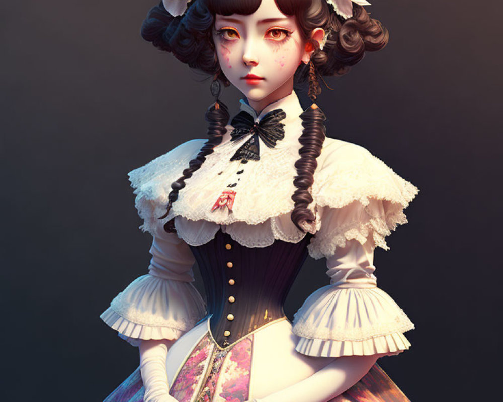 Illustrated character in Victorian dress with pale skin and braided hair