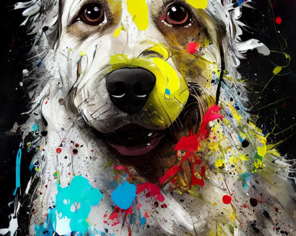 Abstract Dog Portrait with Vibrant Blue, Yellow, and Red Splashes