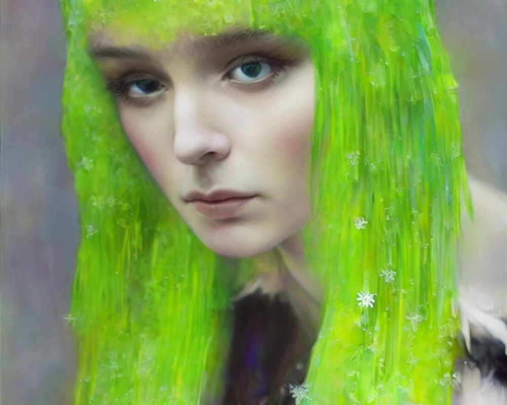 Translucent green slime with white flowers in hair